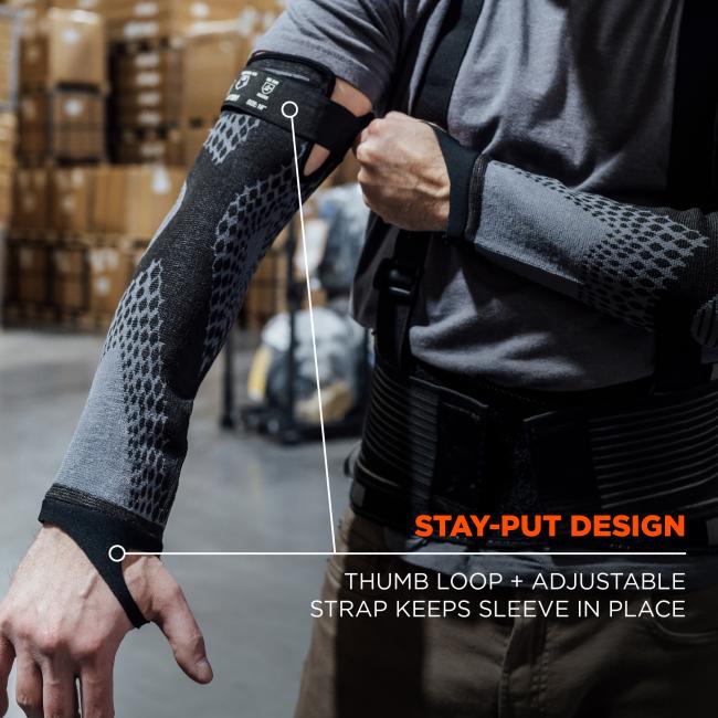 Stay-put design: Thumb loop and adjustable strap keeps sleeve in place.