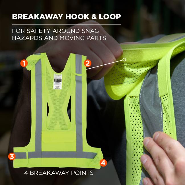 The vest features a breakaway hook and loop design with four breakaway points for enhanced safety. This design helps prevent entanglement around snag hazards and moving machinery.