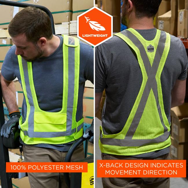 Constructed from lightweight 100% polyester mesh, this vest is breathable and comfortable. It also features an X-back design that clearly indicates movement direction for improved safety awareness.