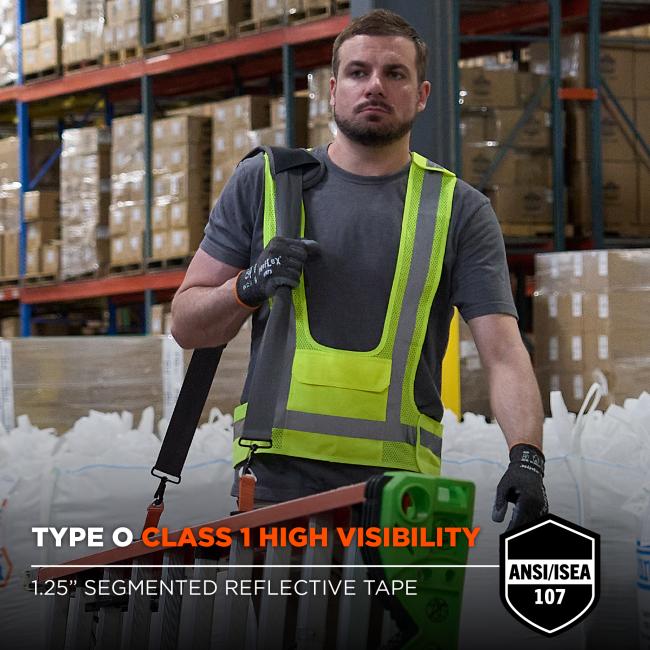 This is a Type O, Class 1 high visibility vest made with 1.25” segmented reflective tape. It meets ANSI/ISEA 107 standards, offering essential visibility for low-risk environments.