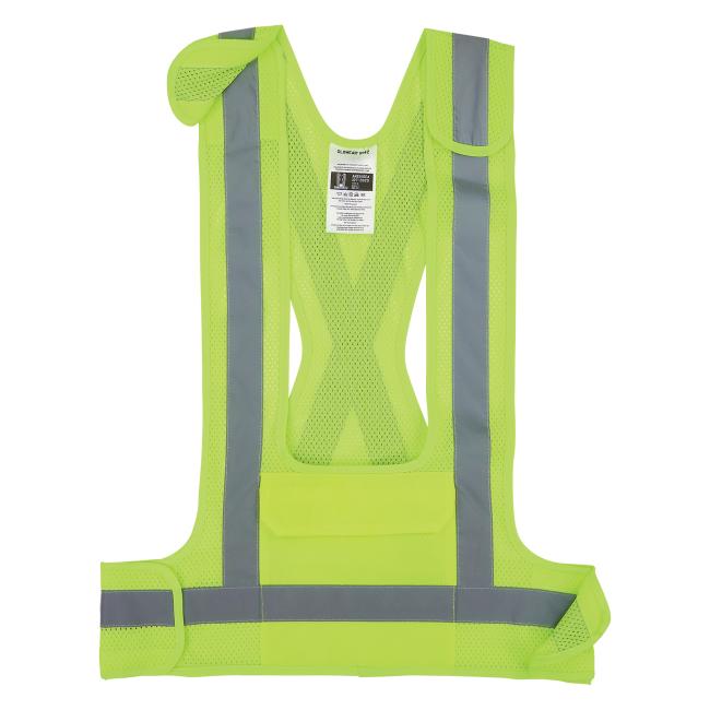 Front view of lime breakaway hi-vis safety vest with breakaway point highlighted