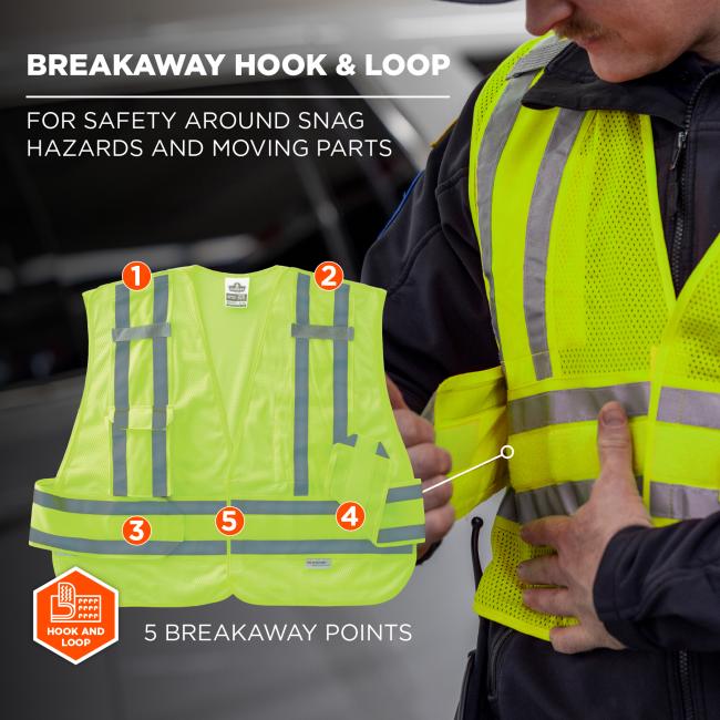 Breakaway Hook & Loop: This vest is designed with breakaway hook and loop closures for enhanced safety around snag hazards and moving parts. It features 5 breakaway points strategically located at the shoulders, sides, and front for quick removal in emergencies.