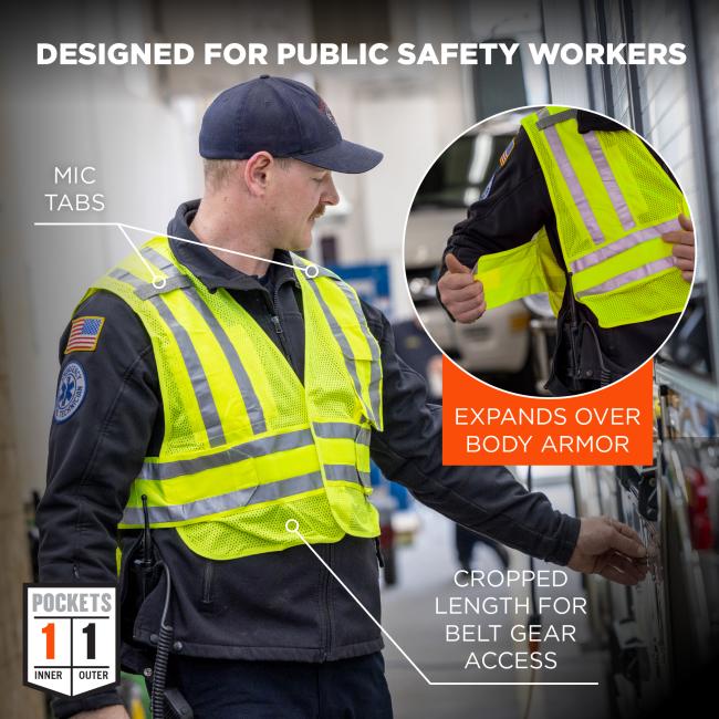 Designed for Public Safety Workers: Tailored for public safety professionals, this vest includes mic tabs, expands over body armor, and has a cropped length for belt gear access. It also offers 1 inner pocket and 1 outer pocket for functionality.