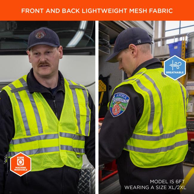 Front and Back Lightweight Mesh Fabric: This vest is made from lightweight mesh fabric on both the front and back to promote breathability. It is machine washable and the model shown is 6FT tall wearing a size XL/2XL.