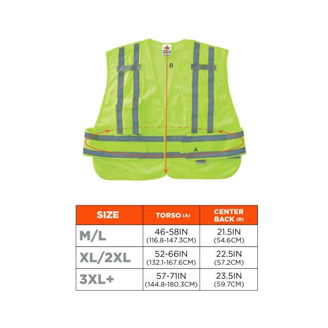 Size Chart: M/L: Torso 46–58IN (116.8–147.3CM), Center Back 21.5IN (54.6CM). XL/2XL: Torso 52–66IN (132.1–167.6CM), Center Back 22.5IN (57.2CM). 3XL+: Torso 57–71IN (144.8–180.3CM), Center Back 23.5IN (59.7CM).