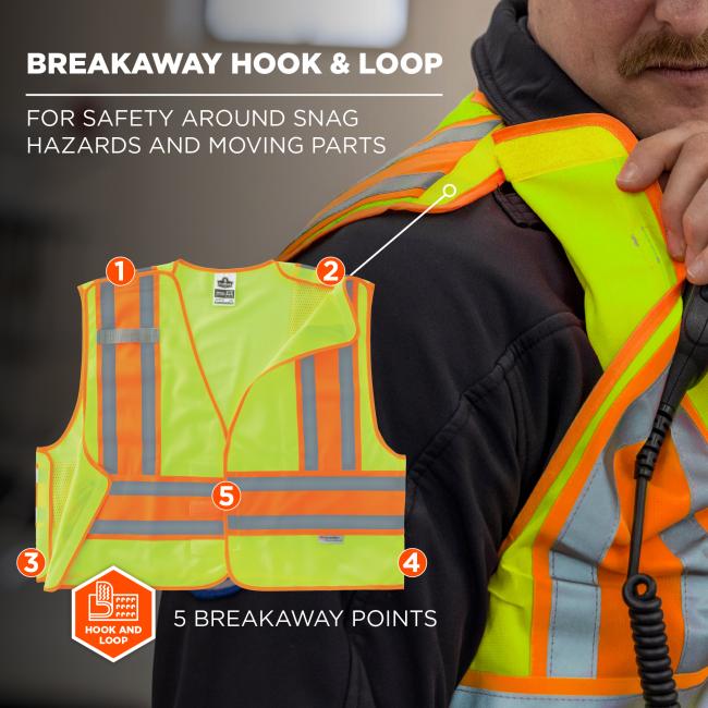Breakaway Hook & Loop: This safety vest is designed with breakaway hook and loop features for safety around snag hazards and moving parts. It includes 5 breakaway points located at the shoulders, sides, and front closure.