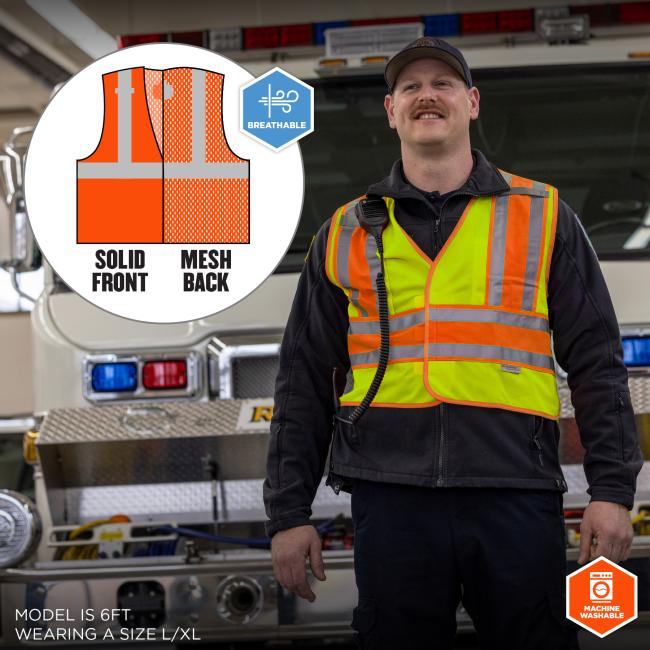 Solid Front Mesh Back: The vest features a solid front for durability and a mesh back for breathability. It is machine washable and designed for comfort during extended wear. The model shown is 6 feet tall and is wearing a size L/XL.
