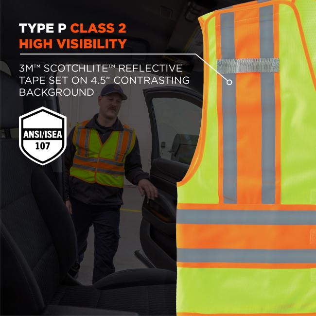Type P Class 2 High Visibility: This vest meets ANSI/ISEA 107 standards for high visibility. It uses 3M™ Scotchlite™ reflective tape set on a 4.5" contrasting background for enhanced visibility in low-light conditions.