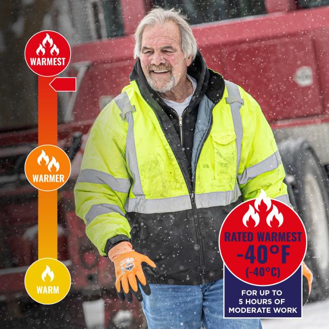 Jacket is rated warmest to -40 degrees fahrenheit or -40 degrees celsius for up to 5 hours of moderate work.