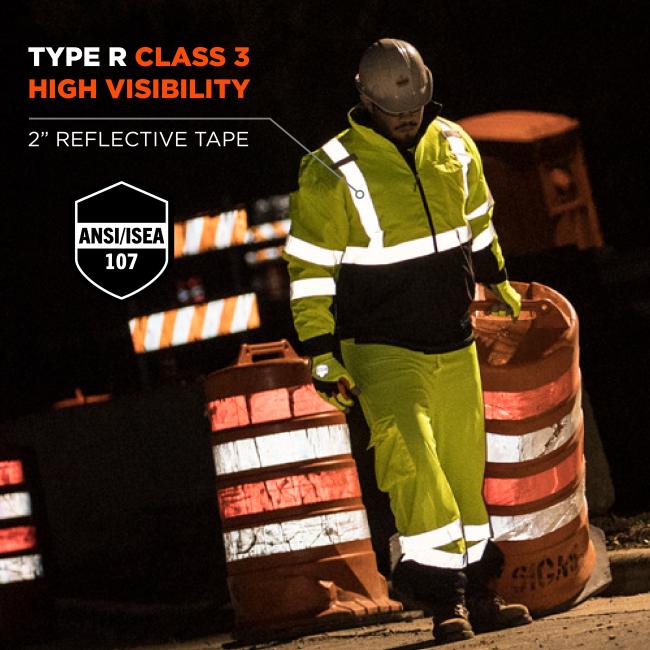 Type R class 3 high visibility with 2 inch reflective tape that is compliant to ansi/isea 107 standards