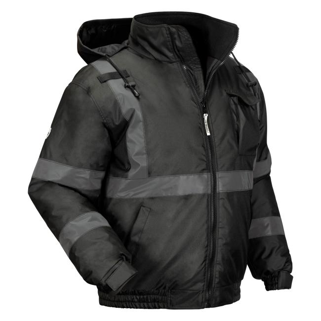 3q formed view of enhanced visibility reflective winter bomber jacket