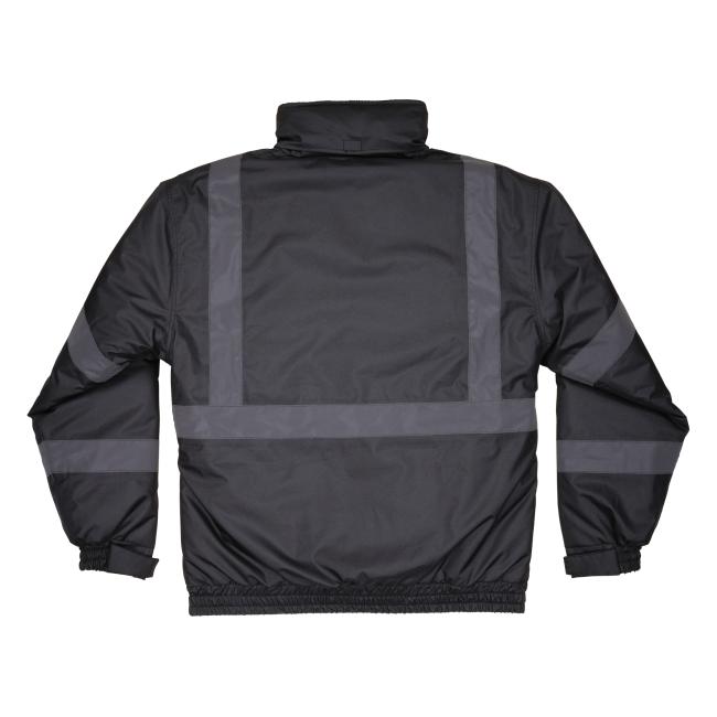 Back of enhanced visibility reflective winter bomber jacket