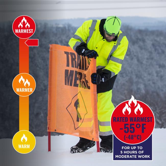 Jacket is rated warmest to -55 degrees fahrenheit or -48 degrees celsius for up to 5 hours of moderate work.