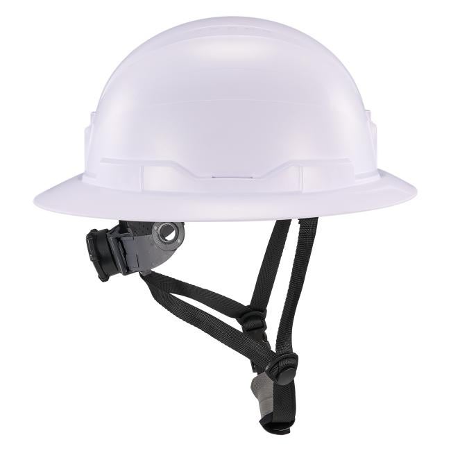 Profile view of white full brim safety helmet
