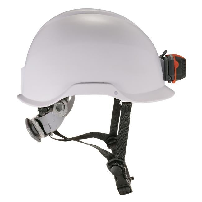 Side profile view of white safety helmet with led light