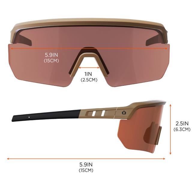 The glasses measure 5.9 inches (15 cm) across the frame and temples, with a bridge width of 1 inch (2.5 cm) and a lens height of 2.5 inches (6.3 cm).