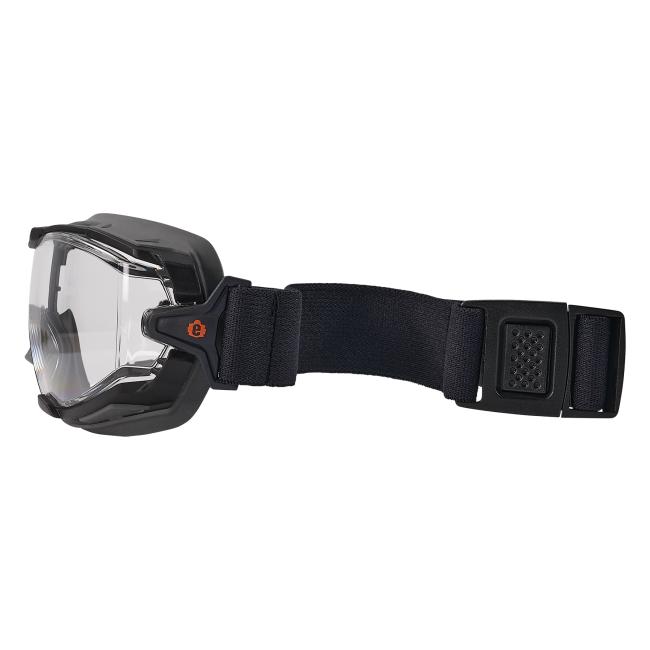 Profile view of clear lens ARKYN safety goggles