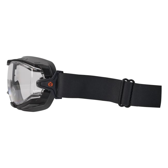 Side profile view of clear ARKYN safety goggles