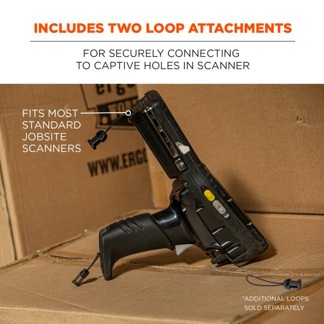 Includes two loop attachments: for securely connecting to captive holes in scanner. Image shows scanner on boxes and text says Òfits most standard jobsite scannersÓ and Òadditional loops sold separatelyÓ.