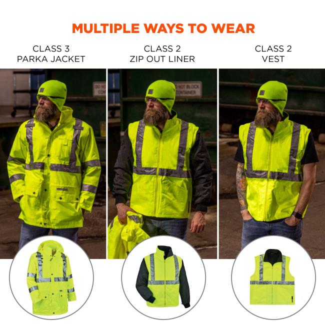 Multiple ways to wear. Class 3 parka jacket. Class 2 zip out liner. Class 2 vest.