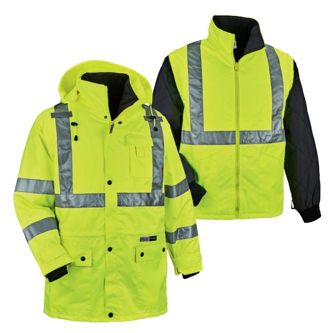 Front view of lime hi-vis 4-in-1 winter bomber jacket