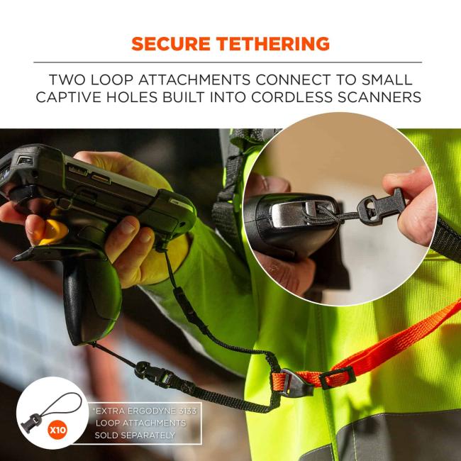 Secure Tethering: Two loop attachments connect to small captive holes built into cordless scanners. Extra Ergodyne 3133 loop attachments sold separately