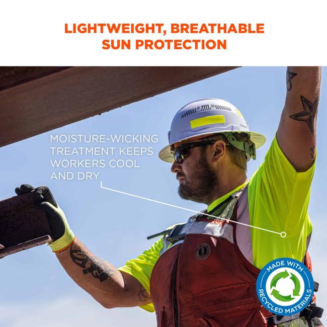 Lightweight, breathable sun protection: moisture-wicking treatment keeps workers cool and dry. Made with recycled materials