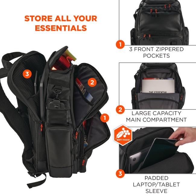 Store all your essentials: 3 front zippered pockets, large capacity main compartment and soft touch padded laptop/tablet sleeve