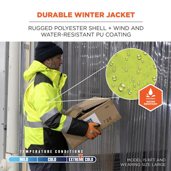 Durable winter jacket. Rugged polyester shell + wind and water-resistant PU coating. Temperature conditions: mild, cold, extreme cold. Model is 6ft and wearing size large