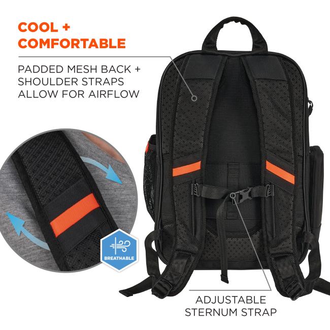 Cool and comfortable: padded mesh back and shoulder straps allow for airflow. Breathable adjustable sternum strap