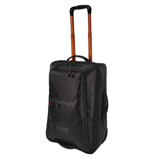 3q view of softside carry on luggage with a fully extended handle