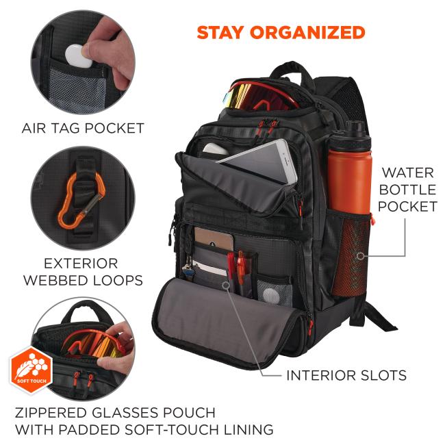 Stay organized: air tag pocket, exterior webbed loops, zippered glasses pouch with padded soft-touch lining, water bottle pocket and interior slots