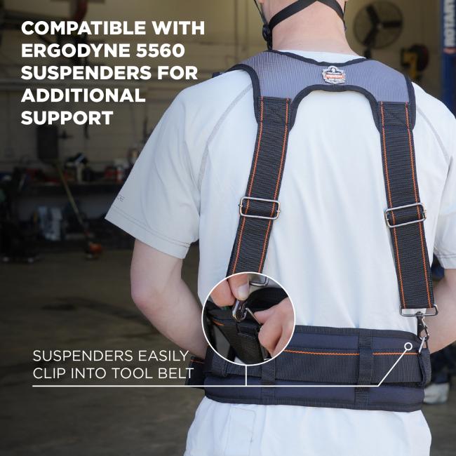 Compatible with Ergodyne 5560 suspenders for additional support. Suspenders easily clip into tool belt