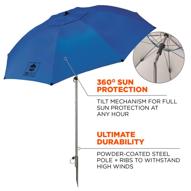 360 degree sun protection: tilt mechanism for full sun protection at any hour. Ultimate durability from powder coated steel pole and ribs to withstand high winds