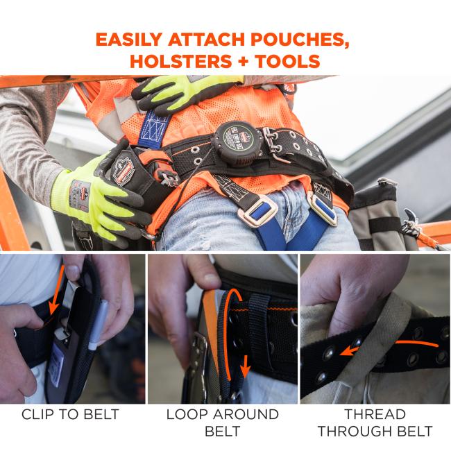 Easily attach pouches, holsters and tools: clip to belt, loop around belt and thread through belt