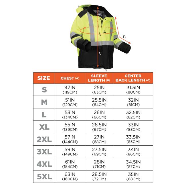 Size chart. Size: chest (A), sleeve length (B), center back length (C). S: 47in (119cm), 25in (63cm), 31.5in (80cm). M: 51in (129cm), 25.5in (64cm), 32in (81cm). L: 53in (134cm), 26in (66cm), 32.5in (82cm). XL: 55in (139cm), 26.5in (67cm), 33in (83cm). 2XL: 57in (144cm), 27in (68cm), 33.5in (85cm). 3XL: 59in (149cm), 27.5in (69cm), 34in (86cm). 4XL: 61in (154cm), 28in (71cm), 34.5in (87cm). 5XL: 63in (160cm), 28.5in (72cm), 35in (88cm)