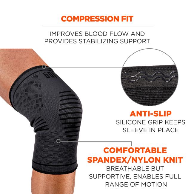 Compression fit: improves blood flow and provides stabilizing support. Anti-slip silicone grip keeps sleeve in place. Comfortable spandex/nylon knit is breathable but supportive and enables full range of motion