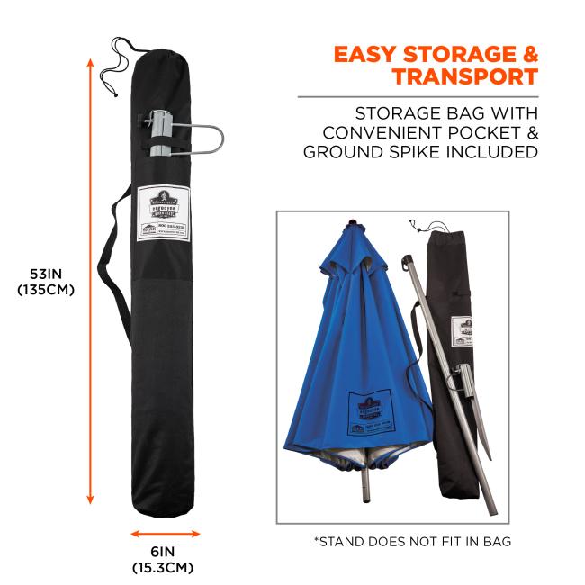 Easy storage and transport: storage bag with convenient pocket and ground spike included. Bag is 53 inches or 135 cm tall and 6 inches or 15.3cm wide. Stand does not fit in bag