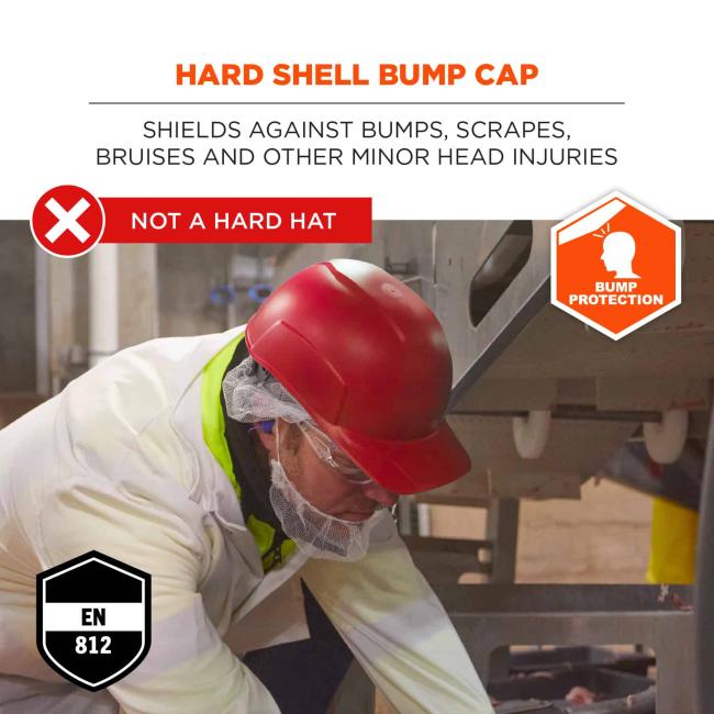 Hard shell bump cap: shields against bumps, scrapes, bruises and other minor head injuries. Is not a hard hat. Bump protection. EN 812 compliant