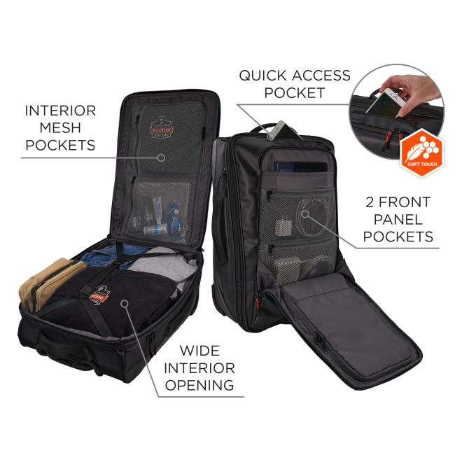 Soft touch interior mesh pockets, quick access pocket, wide interior opening and 2 front panel pockets