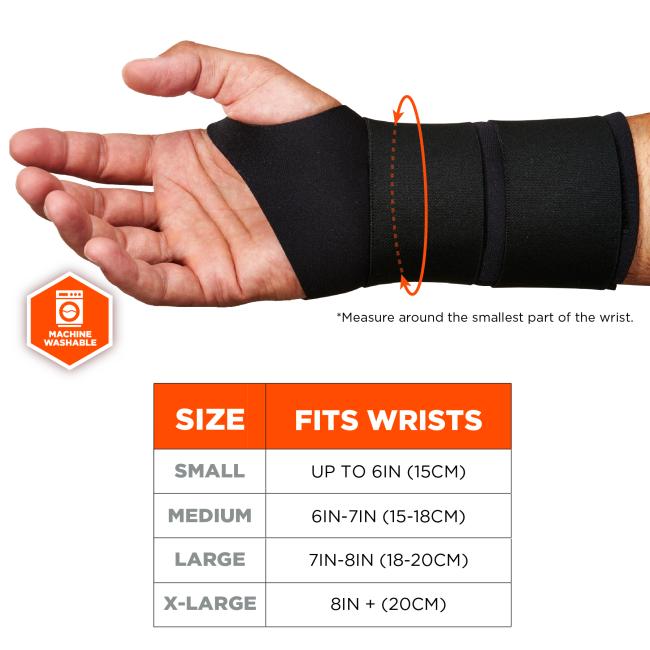 Size chart. Small (S): Fits Wrists up to 6IN (15CM). Medium (M): Fits Wrists 6IN-7IN (15-18CM). Large (L): Fits Wrists 7IN-8IN (18-20CM). Extra Large (XL): Fits Wrists 8IN+ (20CM). Measure around the smallest part of the wrist. Machine washable