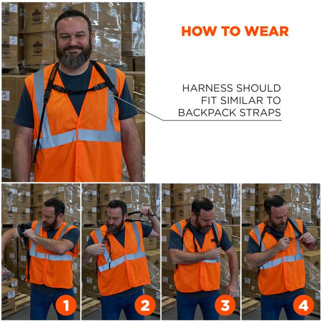 How to wear: harness should fit similar to backpack straps