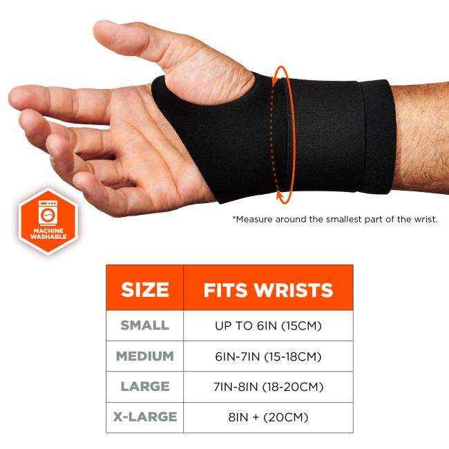 Size chart. Small (S): Fits Wrists up to 6IN (15CM). Medium (M): Fits Wrists 6IN-7IN (15-18CM). Large (L): Fits Wrists 7IN-8IN (18-20CM). Extra Large (XL): Fits Wrists 8IN+ (20CM). Measure around the smallest part of the wrist. Machine washable