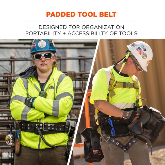 Padded tool belt: designed for organization, portability and accessibility of tools. Workers shown in image wearing a padded tool belt