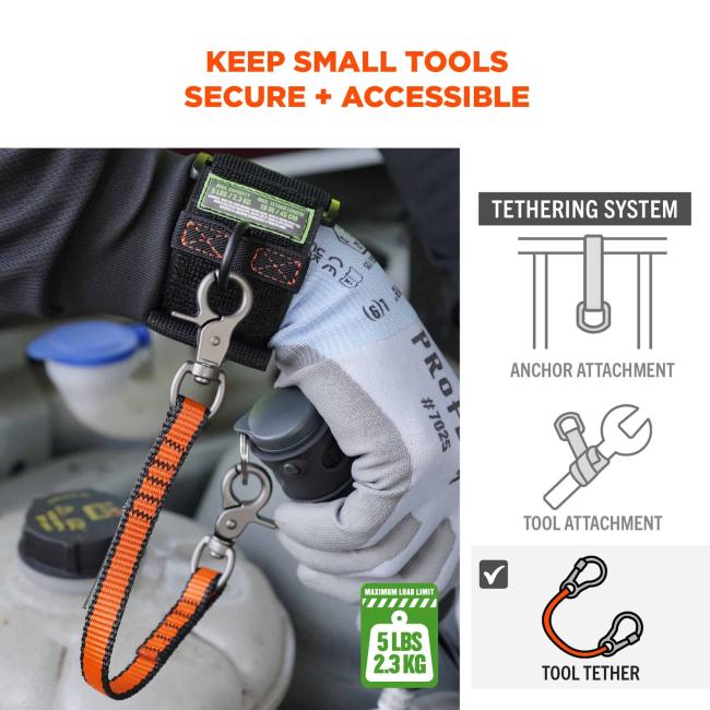 Keep Small Tools Secure + Accessible: Features a tethering system with anchor and tool attachments. Maximum load limit of 5 lbs (2.3 kg)