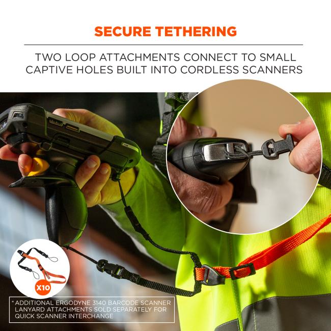 Secure Tethering: Two loop attachments connect to small captive holes built into cordless scanners. Additional Ergodyne 3140 barcode scanner lanyard attachments sold separately for quick scanner interchange.