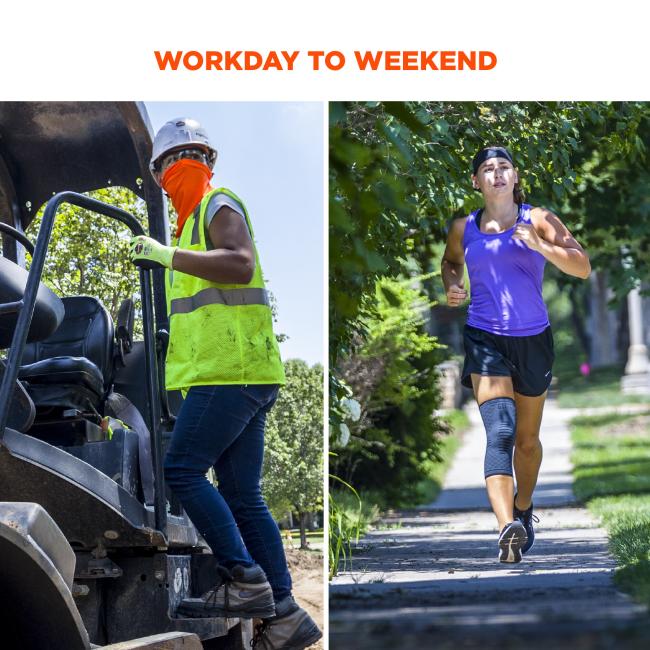 Workday to weekend. Image shows construction worker and runner wearing knee compression sleeve