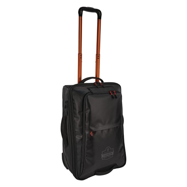 3q view of softside carry on luggage with a fully extended handle