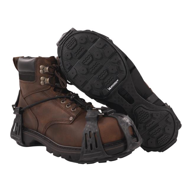 main image of brown boots wearing spikeless traction device