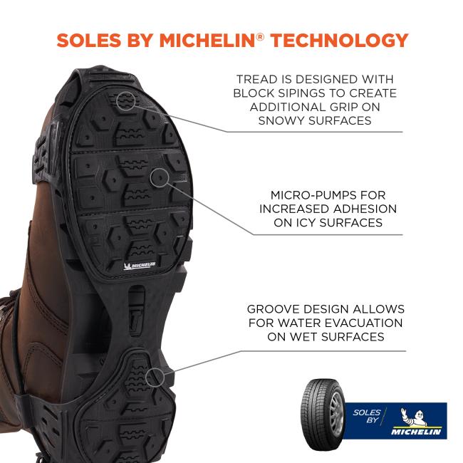 Soles by michelin technology. Tread is designed with block springs to create additional grip on snowy surfaces. micro-pumps for increased adhesion on icy surfaces. Groove design allows for water evacuation on wet surfaces